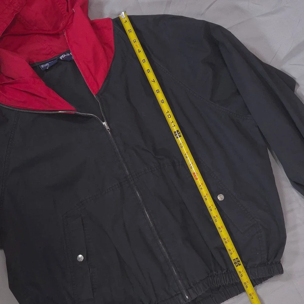 Vtg Polo Sport Ralph Lauren Mens Windbreaker Jacket L Black Red Hood 90s Hip Hop